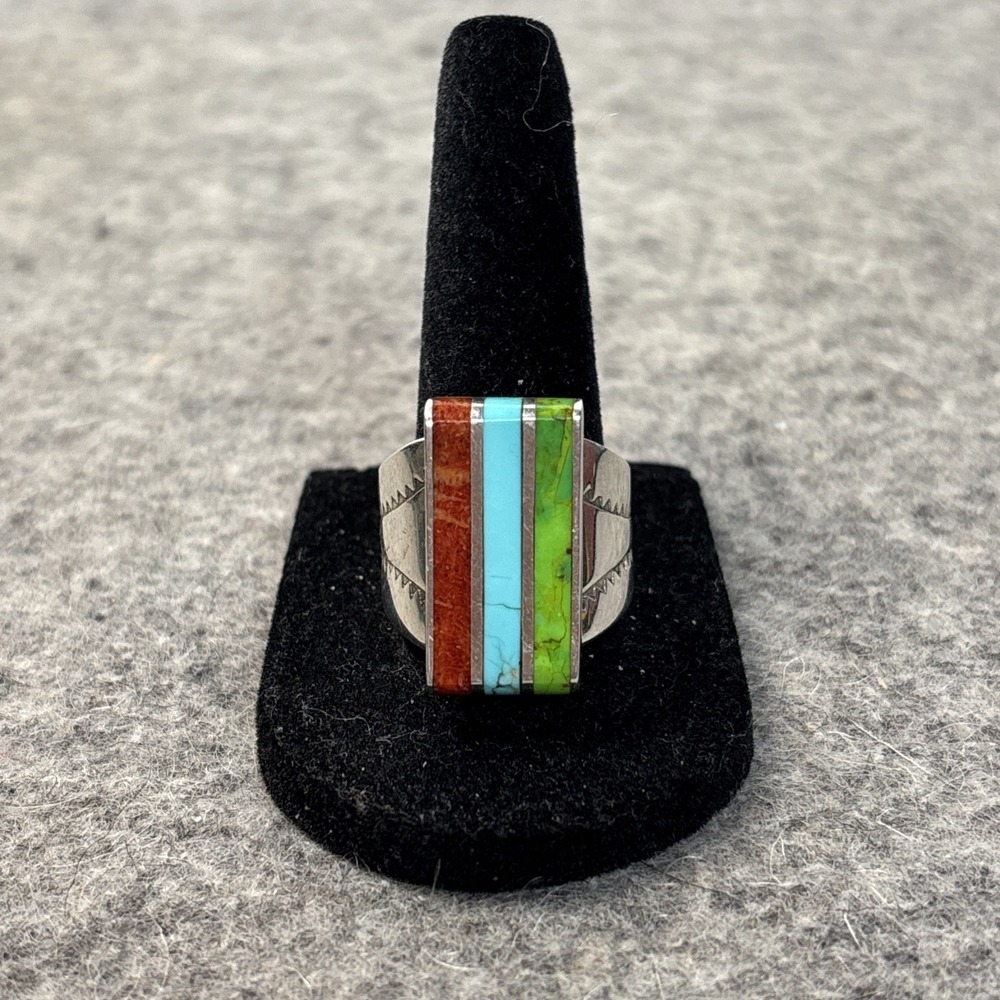 Jay King DTR Sterling Silver Turquoise Coral Gaspeite Inlay Channel Ring Size 10